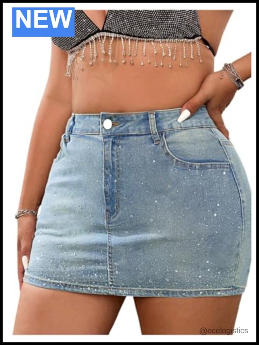 Women's Plus Size Sequin Rhinestone Jean Skirt with Pockets Party Denim Mini